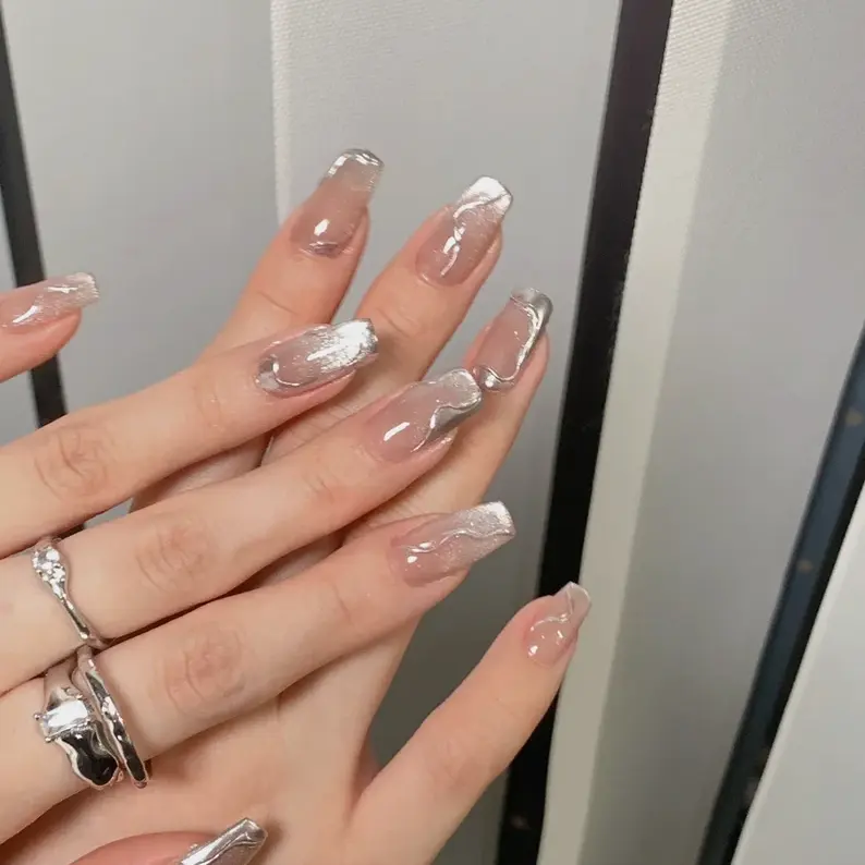 High Quality Acrylic Nails y2k Chrome Silver Cat Eye Press Ons Chrome Nails Luxury Ombre Press On Nails For Christmas Kit