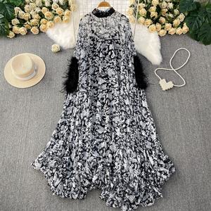 Noble élégant tempérament poilu manches col montant robe pour les <span class=keywords><strong>femmes</strong></span> coupe ample à volants imprimé léopard longue jupe - Product Image 2