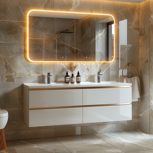 Lavabo da Bagno Sospeso in Ceramica di Lusso Stile Moderno Italiano con Specchio LED e Mobile in Acciaio Inox 304 per Villa - Product Image 2