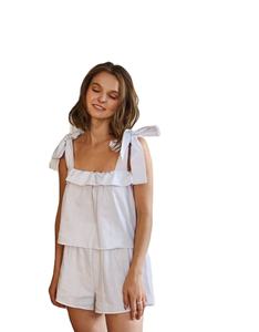 Completo da donna corto estivo da donna bianco ed elegante in due pezzi completo da <span class=keywords><strong>pigiama</strong></span> in lino per signora - Product Image 1