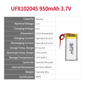 중국 폴리머 리튬 이온 셀 제조업체 도매 미용 기기 배터리 UFX 102045 <span class=keywords><strong>950mAh</strong></span> 3.7V 충전식 <span class=keywords><strong>Lipo</strong></span> 배터리 - Product Image 2
