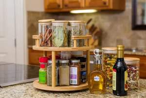 Porte-épices en bambou à 2 niveaux, étagère rotative pour épices de <span class=keywords><strong>cuisine</strong></span> pour le rangement des bouteilles d'assaisonnement - Product Image 5