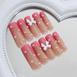 Vente en Gros Faux Ongles Réutilisables 3D Diamant Flash Fleurs Rose French Papillon Blanc Style <span class=keywords><strong>Euro</strong></span>-Américain Super Longs à Presser - Product Image 2