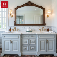 Meuble-lavabo double vasque en bois massif français HappyHouses, portes à panneaux surélevés, finition gris vieilli, support de meuble, plateau en marbre pour villa