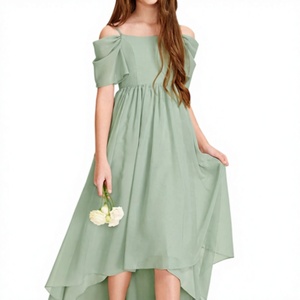 Robe de demoiselle d'honneur <span class=keywords><strong>junior</strong></span> en mousseline asymétrique à épaules dénudées, coupe trapèze, couleur unie, pour filles, idéale pour les fêtes d'anniversaire - Product Image 1
