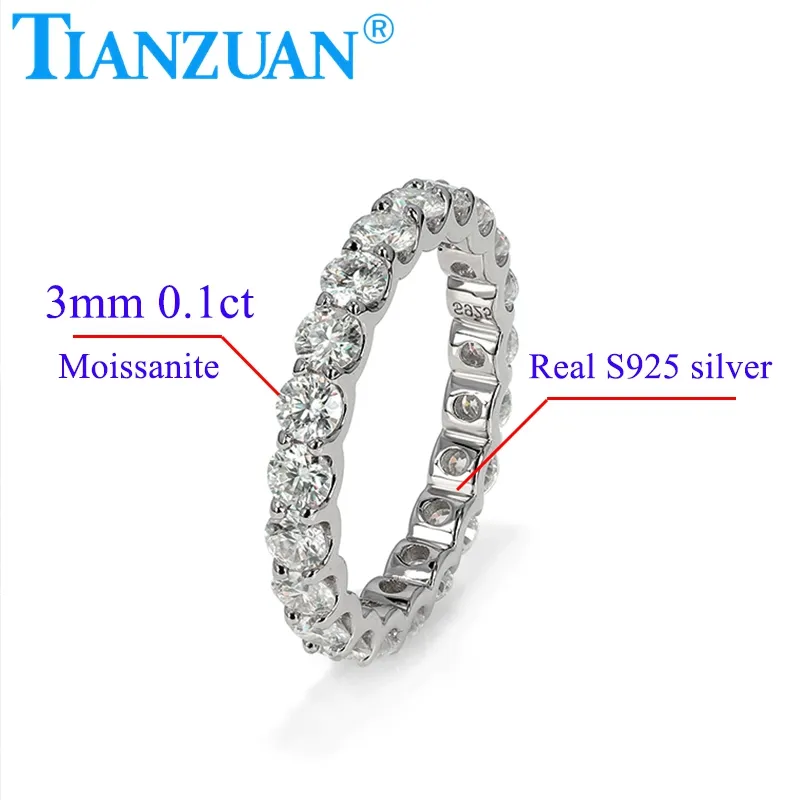 0.1ct3mm 라운드 화이트 모이사나이트 반지 영원 밴드 반지 925 스털링 실버 보석 반지 약혼 결혼 데이트 선물 여자