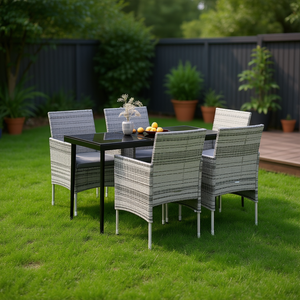 5 Piece <b>Grey</b> Pe Rattan Garden Dining Set With Steel <b>Frame</b> Outdoor Furniture Contemporary Design - Product Image 2
