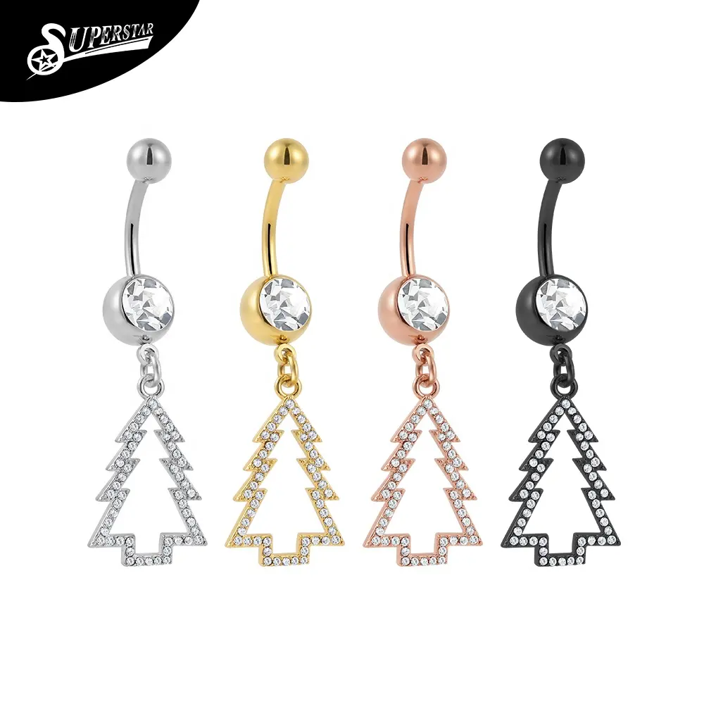 Superstar Christmas tree shaped belly button ring inlay shiny zircon 316L stainless steel externally threaded piercing jewelry