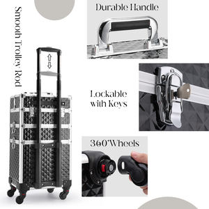 กระเป๋าเครื่องสำอางแบบมีล้อ 3-in-1 ขนาดใหญ่ พร้อมล้อเลื่อน รถเข็นช่างทำผม รถเข็นร้านเสริมสวย รถเข็นเดินทางสำหรับช่างตัดผม กล่องใส่เครื่องสำอางสำหรับทำเล็บ - Product Image 4