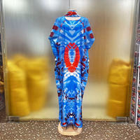 Kaftan d'été bleu décontracté à manches courtes, style moyen-oriental et africain Bubu, imprimé, grande taille, en polyester infroissable, pour la plage