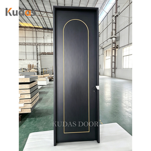 Porte en bois moderne de luxe noire avec intérieur arqué, rainuré et incrustations dorées, insonorisée pour chambre à coucher et maison - Product Image 3