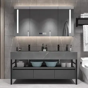 热60英寸现代地板单水槽/双sinik黑色金属框架浴室梳妆台