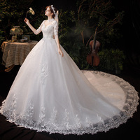 Robe de mariée de luxe personnalisée, broderie vintage, col montant, manches trois-quarts, blanche, 2026, avec traîne royale et sequins