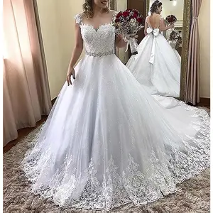 2020 Nieuwe Illusion Hals Een Lijn Bling Kralen Kant Civil Jurk Plus Size Wedding_Gowns_Wedding_Dresses