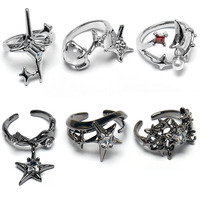 Grosir 6 Model Cincin Y2K Bintang Bulan yang Dapat Disesuaikan, Cincin Gothic Punk Perak Hitam untuk Perhiasan Estetik, Hadiah Grosir