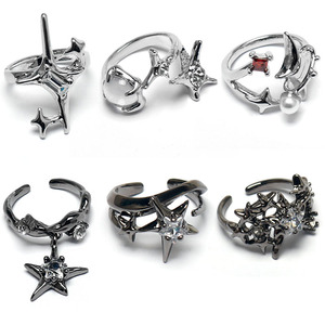 <span class=keywords><strong>Anello</strong></span> Regolabile Y2K con Stella e Luna, 6 Stili, Gotico Punk, Argento/Nero, per Gioielli Estetici, Regalo all'Ingrosso - Product Image 1