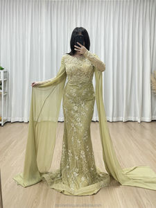 MY30192 فساتين سهرة مطرزة بالخرز برقبة مغرفة صفراء بأكمام طويلة لأم العروس ثوب حفلة أنيق للنساء - Product Image 1