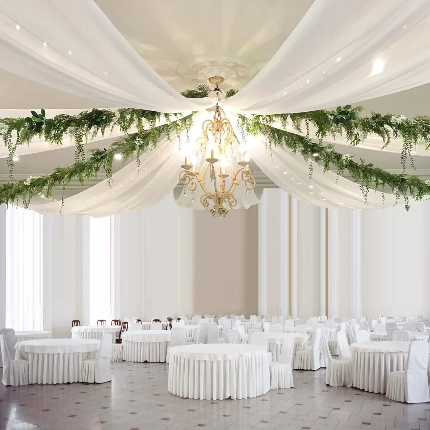 Wedding Ceiling Drapes 2 Panels 5ftx30ft White Long Chiffon Draping Fabric Sheer Curtains