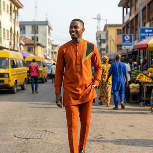 Traje Dashiki Estilo <span class=keywords><strong>Africano</strong></span> <span class=keywords><strong>para</strong></span> Hombre, Conjunto de 2 Piezas, Camisa de Manga Larga con Cuello Mandarín y Pantalones con Bordado Dorado <span class=keywords><strong>para</strong></span> Fiesta o Boda - Product Image 4