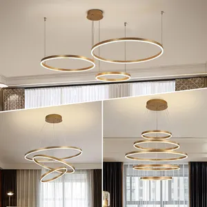 DLSSLIGHTING LED Pendant Lights For Home Style Simple Golden Color Circle Rings Indoor Hanging Acrylic Modern Chandeliers Lamp