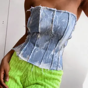 Z13174 Thời Trang Sexy Tie Dye Denim Điệu Skinny Hollow Out Lại Bandage Bustier Strapless Corset Jeans Crop Tops Cho Phụ Nữ Crop