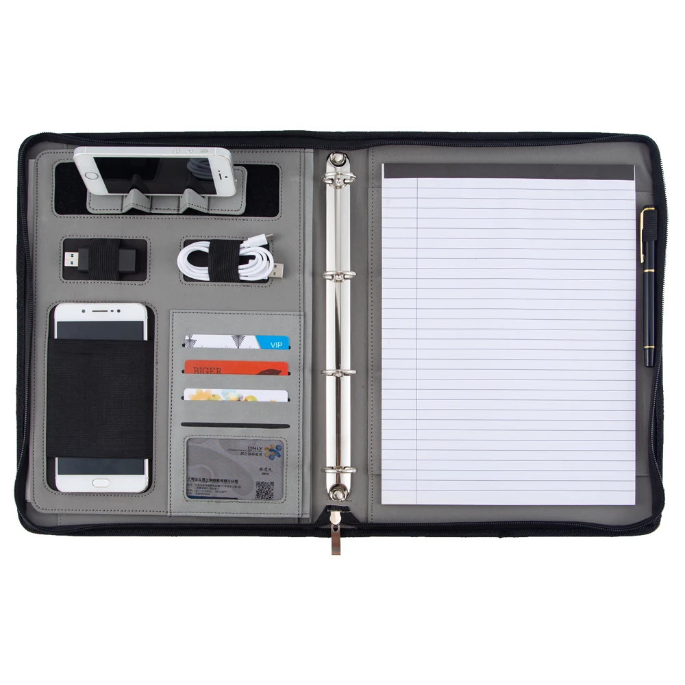 Custom waterproof leather zipper file folder bag multifunction portfolio folder,a4 leather document file folder
