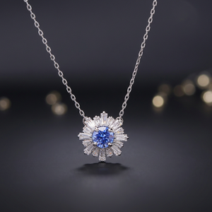 Collier unisexe en alliage de zircon plaqué rhodium avec motif floral bleu frais, éclat élégant et serti de griffes - Cadeau - Product Image 2