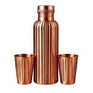 Vintage Copper <b>Water</b> <b>Bottle</b> with Lid and 2 Ribbed Cups Polished <b>Metal</b> Drinkware Set - Product Image 1