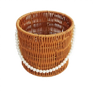 Wholesale Modern Hand <b>Woven</b> Rattan Hanging Storage <b>Basket</b> for Bathroom Living Room Bakery Home Decor Pearl Handle Eco-Friendly - Product Image 2