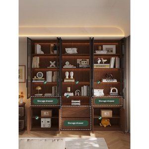 Bibliothèque en bois massif XHA, armoire de rangement pour bureau avec portes en verre, design minimaliste, bois de noyer noir. - Product Image 2