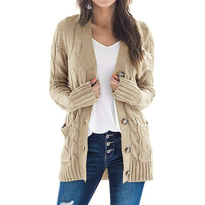 Solid Color Pockets Casual Women <b>Cardigan</b> <b>Sweater</b> Coat Fashion - Product Image 1