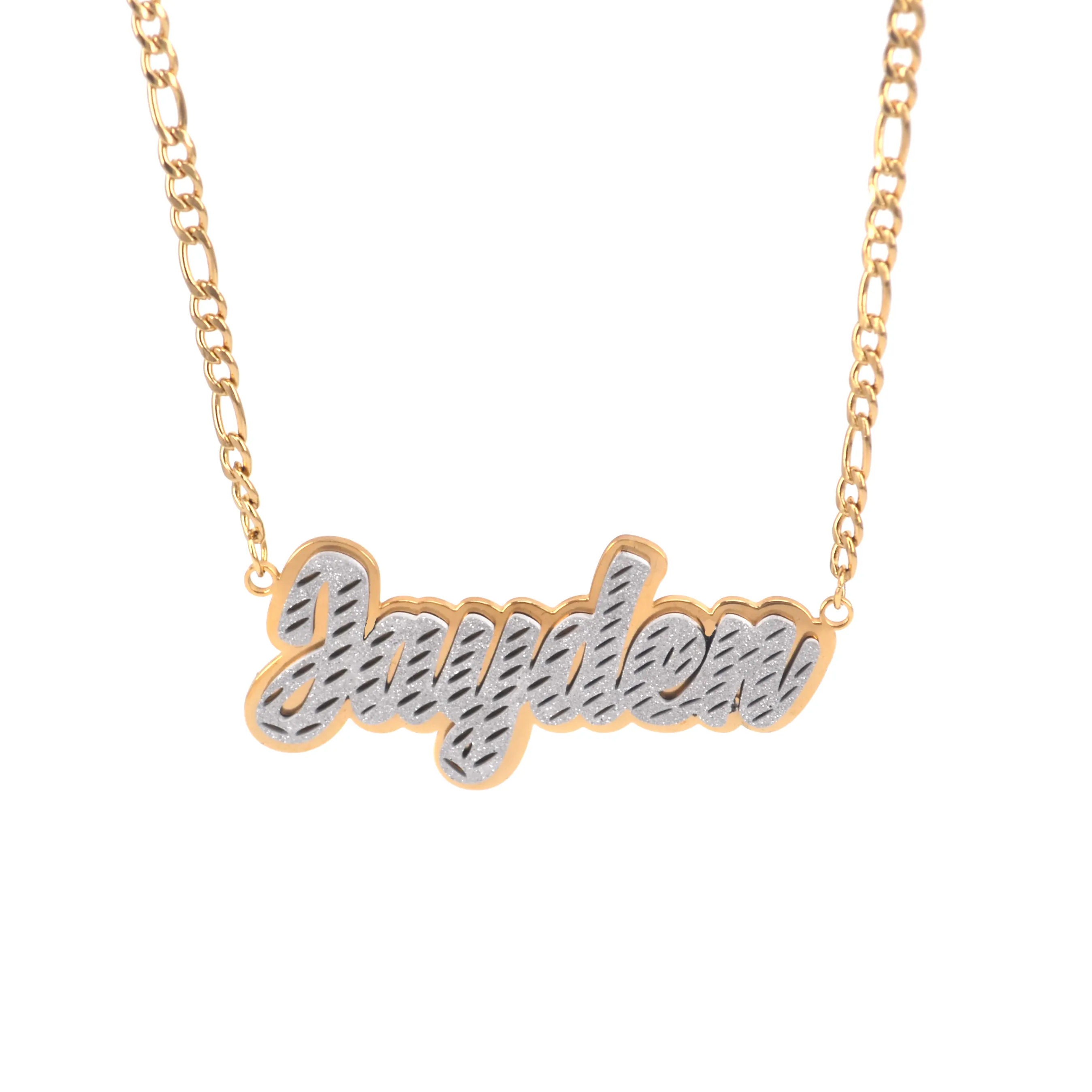 24K 18K Gold Plated Stainless Steel Bling Women Layered Double Name Plate Necklaces