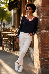 Custom OEM &amp; ODM Women Sweater Ribbed Knit Long Sleeve V-Neck Preppy Autumn Winter <strong>Christmas</strong> Polyester <strong>Jumper</strong> Tops Ropa De Mujer - Product Image 4