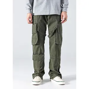 Jeans en denim personnalisés avec de nombreuses poches, vêtements de rue stretch et flexibles, pantalons verts pour hommes, pantalons cargo