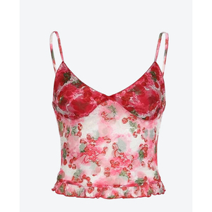 Y2K Hot Spicy Girl Retro Vintage Spaghetti Straps Low Neckline Printed <strong>Strawberry</strong> Mesh <strong>Top</strong> - Product Image 3