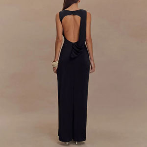 Nuevo Vestido Maxi de Verano Liso para Fiesta de Noche, con Hombro Descubierto, Sin Espalda, Sin Mangas, Plisado, con Abertura, Ajustado, Sexy e Informal para Mujer - Product Image 3