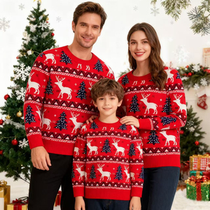 Suéteres Navideños Personalizados OEM/ODM de Manga Larga con Patrón de Alce, Suéteres Jacquard Cálidos y Casuales para Hombres, Mujeres, Niños y Familias - Product Image 1