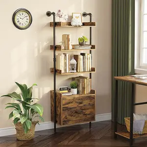 Custom Furniture Solid Light Wood Vintage Look 3 Tier Bookshelf With Drawers
