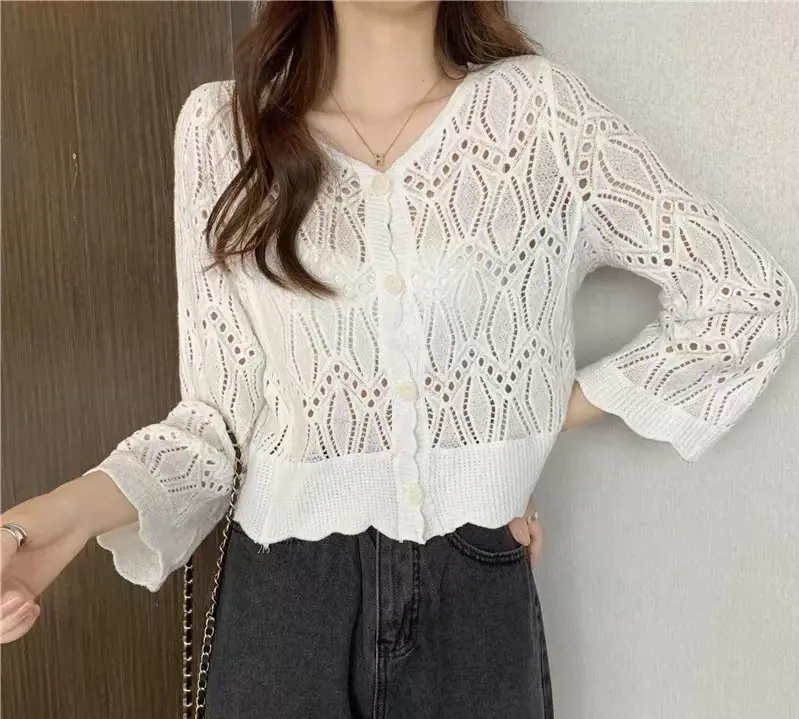 OEM custom Solid color hollow Knit casual cardigan Thin women's loose short sleeve blouse Single-breasted short long sleeve top