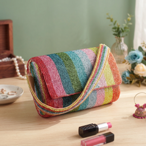 Pochette souple perlée à rayures avec fermeture magnétique, sac à main scintillant pour soirée - Product Image 3