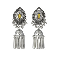 Boucles d'oreilles Jhumka vintage en argent pour femmes, boucles d'oreilles pendantes ethniques bohèmes avec pierre turquoise et pompon cloche, bijoux indiens de style gypsy