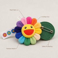 Broche en peluche mignonne motif tournesol souriant, épinglette florale, badge de dessin animé, breloque de sac, décoration de sac à dos, vente en gros