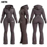 Ensemble streetwear 2 pièces pour femme, sweat à capuche et pantalon couleur unie anthracite, en tissu coton élasthanne, logo personnalisé, tenue décontractée pour l'automne et le quotidien