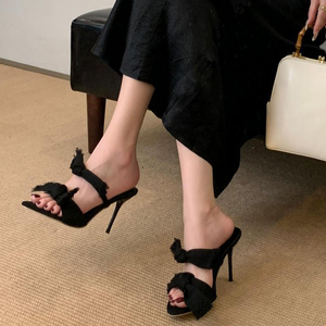 Mules à talons fins pour femmes avec double nœud en denim, sandales ouvertes antidérapantes - Product Image 3