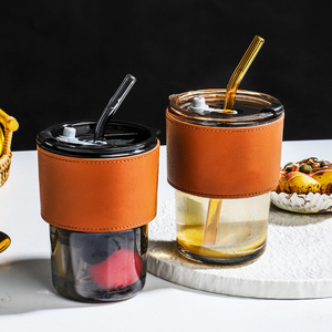 2026 Glass Coffee <b>Cup</b> PU Leather Sleeve Leak-Proof Classic Style Portable Reusable Travel Mug Straw Dual Use Lid for Tea Juice - Product Image 4