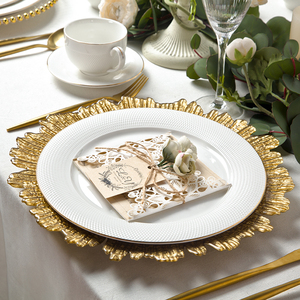 Assiette <span class=keywords><strong>de</strong></span> présentation ronde transparente <span class=keywords><strong>de</strong></span> luxe moderne Shengjing avec perles dorées pour mariage - Product Image 2