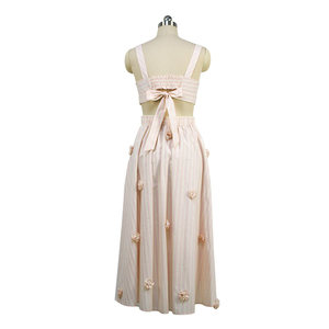 Momen's Summer INS Vocation Style Conjunto a juego Top de algodón y pantalones cortos con patrón de rayas tejido sin cuello y lazo XL Tamaño - Product Image 6