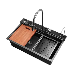 Évier de cuisine multifonction à cascade Évier de cuisine intelligent en acier inoxydable à cuvette unique avec robinet de pluie volant