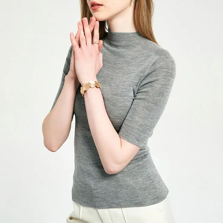 Women Half sleeve Seamless Knit Worsted Merino Wool Thin Knitwear Sweater Top for Summer