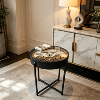 Table d'appoint ronde vintage avec horloge à engrenages, plateau en verre imprimé, cadre en métal noir, style industriel, pour canapé, décoration intérieure, mobilier